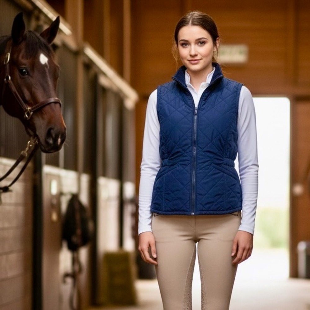 Bit & Bridle Quilted Vest Women Small Navy Blue Full Zipper Pockets Horse Riding